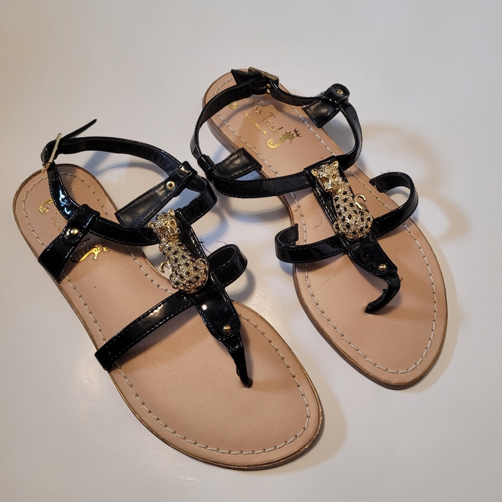 Black sandals with gold leopard / cheeta / jaguar